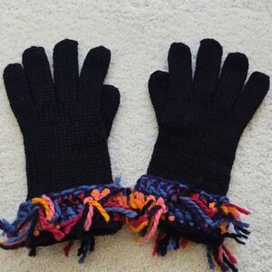 Vintage Black Knit Gloves Colorful Tassel Fringe Cuff Warm Winter Cozy